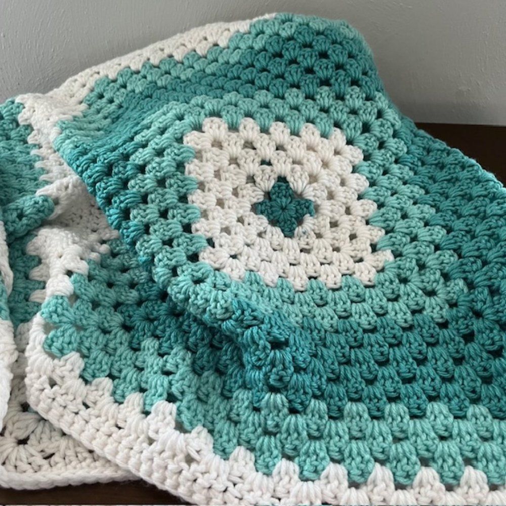 Handmade Knitted Blanket Throw Aqua Teal Blue White